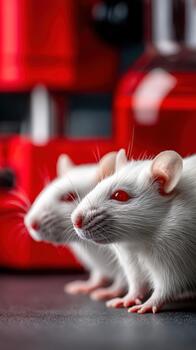 White mice with red eyes standing in a laboratory setting on a black surface photo