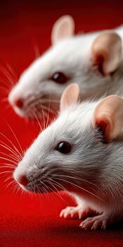 Close-up view of white laboratory rats on a vivid red background photo
