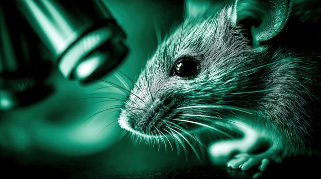 Inquisitive mouse observes under microscope in scientific lab setting photo