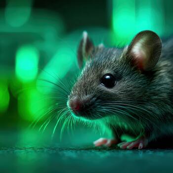 Inquisitive mouse explores scientific lab with glowing green background photo