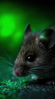 Inquisitive mouse explores a vibrant scientific environment at nighttime photo