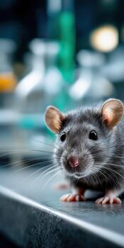 Inquisitive mouse explores a laboratory setting filled with glass equipment photo