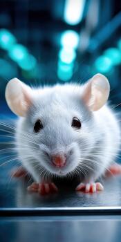 Inquisitive mouse explores a scientific laboratory setting during research photo