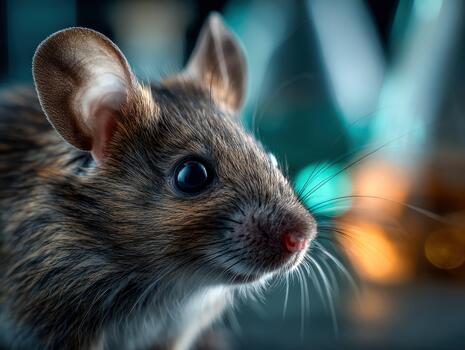 Curious mouse explores a colorful lab filled with scientific tools photo