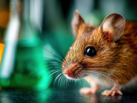 Inquisitive mouse exploring a scientific lab setting with glassware and chemicals photo