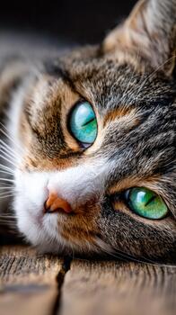 de cerca ver de un relajado gato descansando en un de madera superficie foto