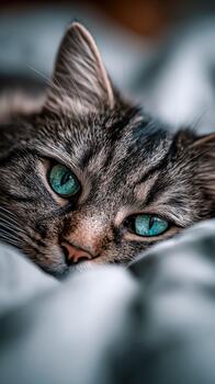 Intimate close-up of a cat resting on a soft blanket in warm light photo
