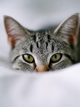 Grey tabby cat relaxing indoors with soft white bedding in cozy atmosphere photo
