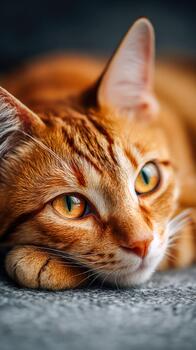 suave naranja gato acostado en un acogedor superficie en calentar ligero foto
