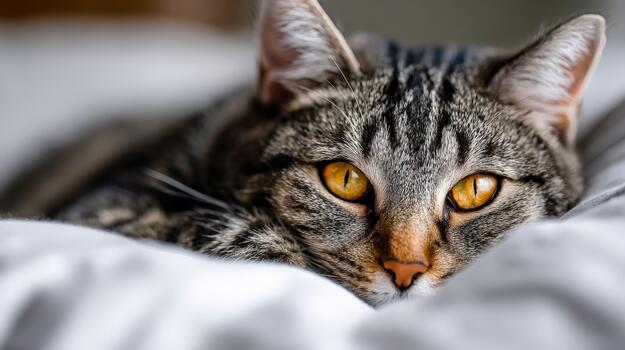 Cozy cat resting on soft bedding in warm indoor setting photo