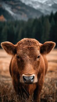 Brown calf stands in a field with mountains and trees in the background photo