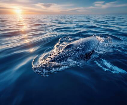 Sunset view of a whale surfacing in calm ocean waters photo
