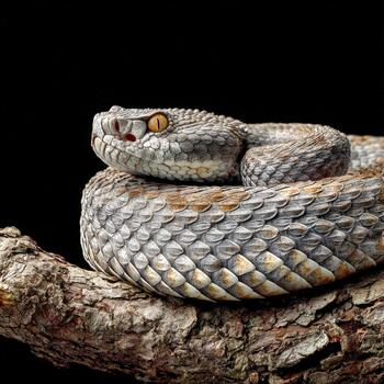 Metallic viper with golden eyes resting on a branch in natural setting photo