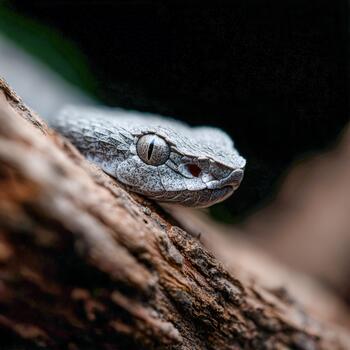 Metallic viper with golden eyes resting on a tree branch in a forest setting photo