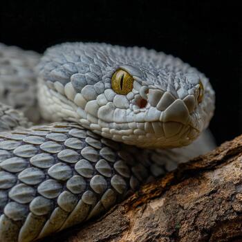 Metallic viper with striking golden eyes resting on a textured surface photo