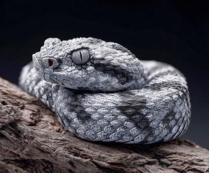 Metallic viper with golden eyes resting on a branch in a dark setting photo