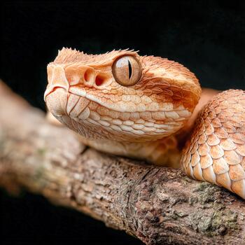 Metallic viper with striking golden eyes resting on a tree branch photo