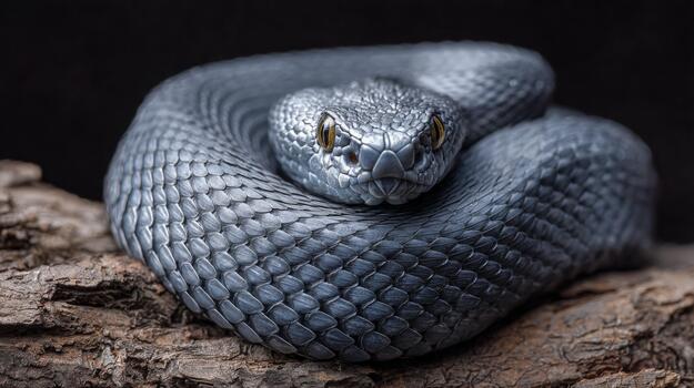 Metallic viper with golden eyes resting on a natural surface photo