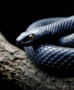 Metallic viper rests on a branch, showcasing its glossy scales and striking eyes photo
