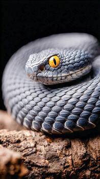 Metallic viper rests on a log with striking golden eyes under soft light photo