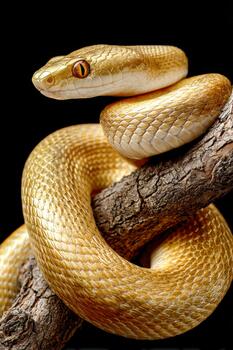 Metallic viper with striking golden eyes resting on a branch in a dark environment photo