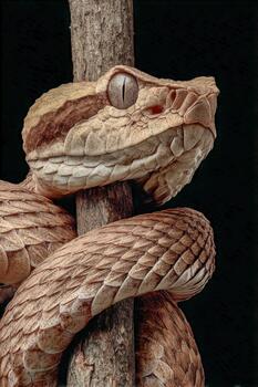 Close-up of metallic viper with striking golden eyes resting on a tree photo