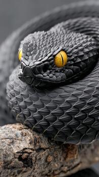 Metallic viper rests on branch with its striking golden eyes shining photo