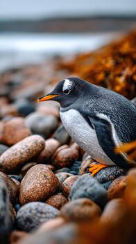 juguetón pingüino explorador un rocoso apuntalar con vibrante naranja pico foto