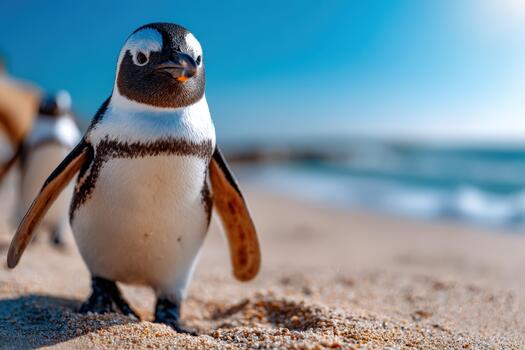 juguetón pingüino con naranja pico disfrutando un soleado día por el playa foto