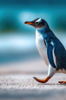 juguetón pingüino caminando a lo largo el apuntalar con naranja pico en un soleado ambiente foto