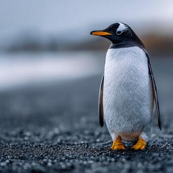 juguetón pingüino con naranja pico en pie en arenoso apuntalar durante nublado día foto