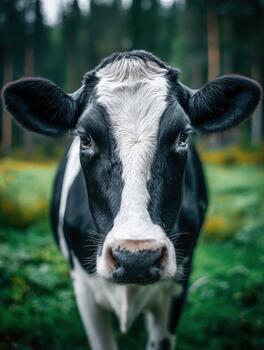 lechería vaca en pie tranquilamente en un vibrante verde campo rodeado por arboles foto