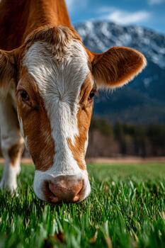 Rustic cow grazing in green spring grass with mountain backdrop photo