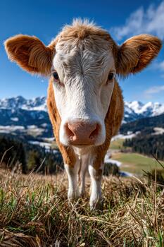Rustic cow stands in fresh spring grass against a stunning mountain backdrop photo