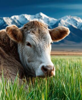 Rustic cow resting peacefully in spring grass with mountain backdrop photo