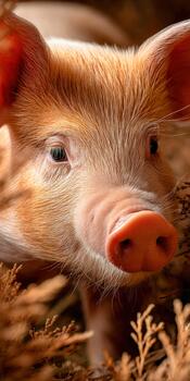 Smiling piglet enjoys natural surroundings in warm golden light photo
