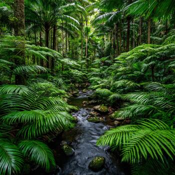 Exploring a dense tropical rainforest with vibrant greenery and a flowing stream photo