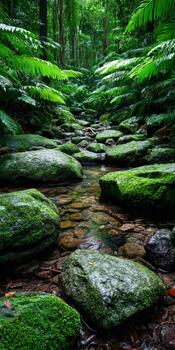 Exploring a lush tropical rainforest filled with green foliage and clear streams photo