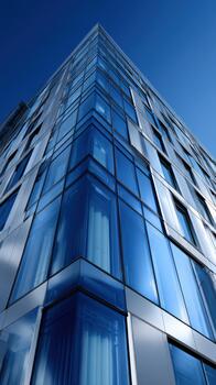 Modern glass building reaching into the clear blue sky in an urban setting photo
