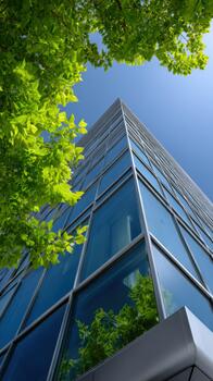 Modern architectural design showcasing glass and greenery in urban setting photo