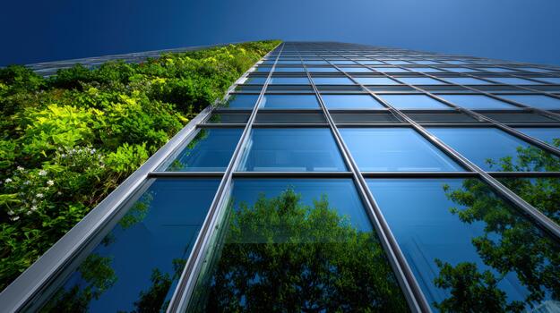 Modern green building with vertical garden and reflecting glass windows photo
