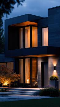 Modern architectural house illuminated at twilight showcasing sleek design photo