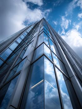 Modern skyscraper reflects clouds under bright blue sky in urban setting photo