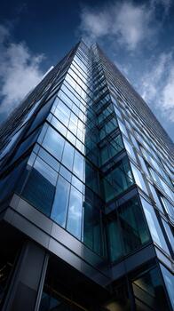 Modern skyscraper with reflective glass panels against a cloudy sky photo