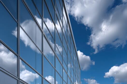 Modern glass architecture reflecting clouds in a bright blue sky photo