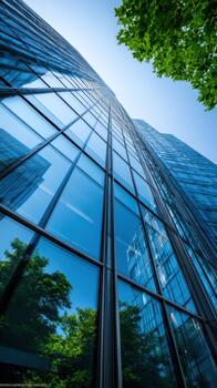 Tall glass skyscraper reflecting trees and blue sky in urban setting photo