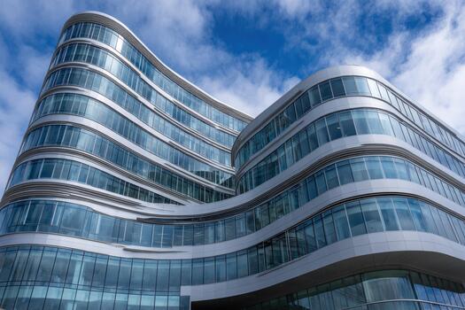 Modern curved glass building with striking architecture against a blue sky photo