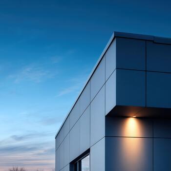 Modern architectural design highlights sharp lines and clean surfaces at dusk photo