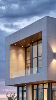 Modern architecture building with glass facade at sunset in a serene location photo