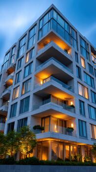 Elegant modern apartment building illuminated at twilight with lush greenery photo